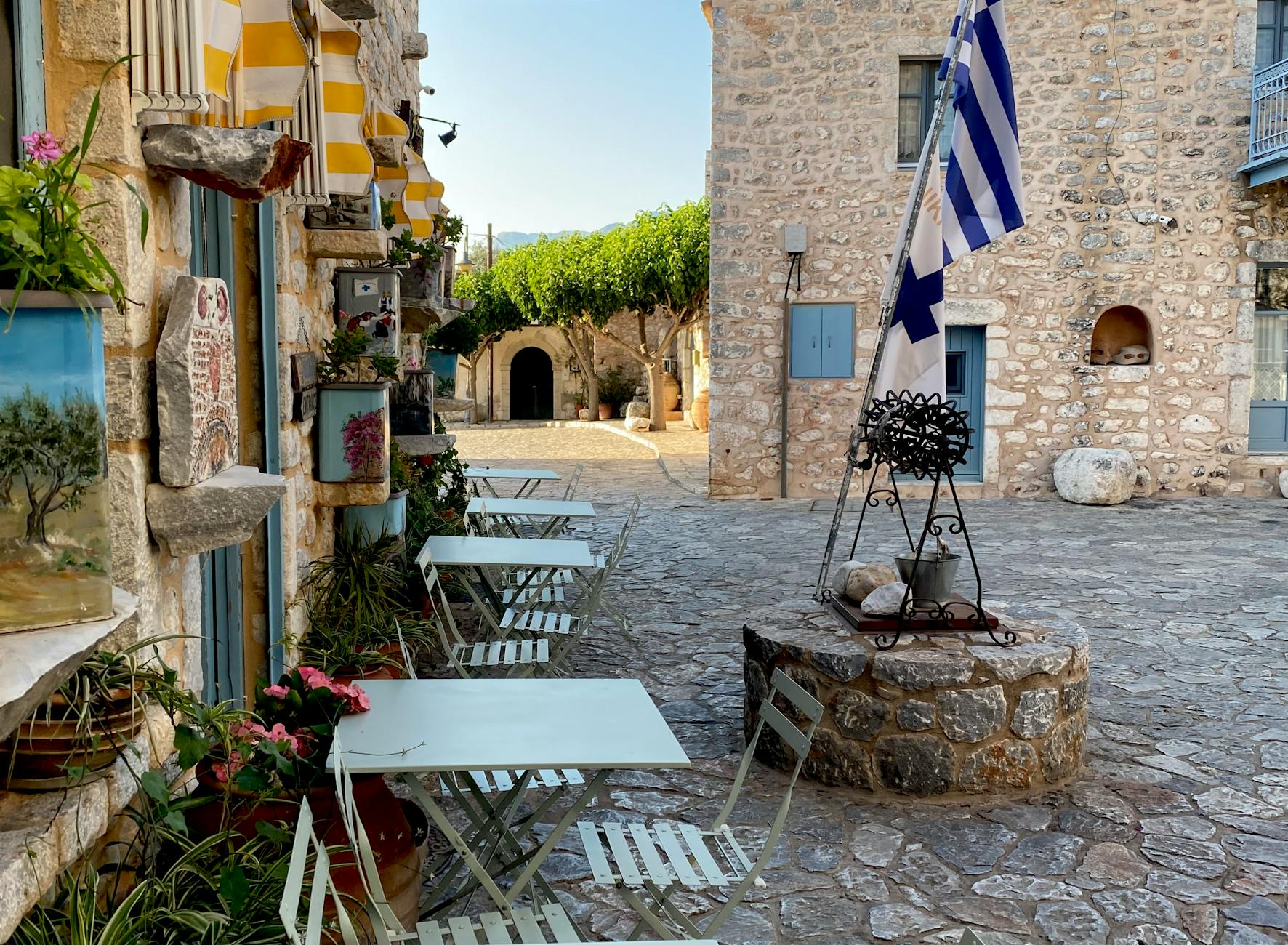 Traditional stone architecture and coastal views in Kardamyli village